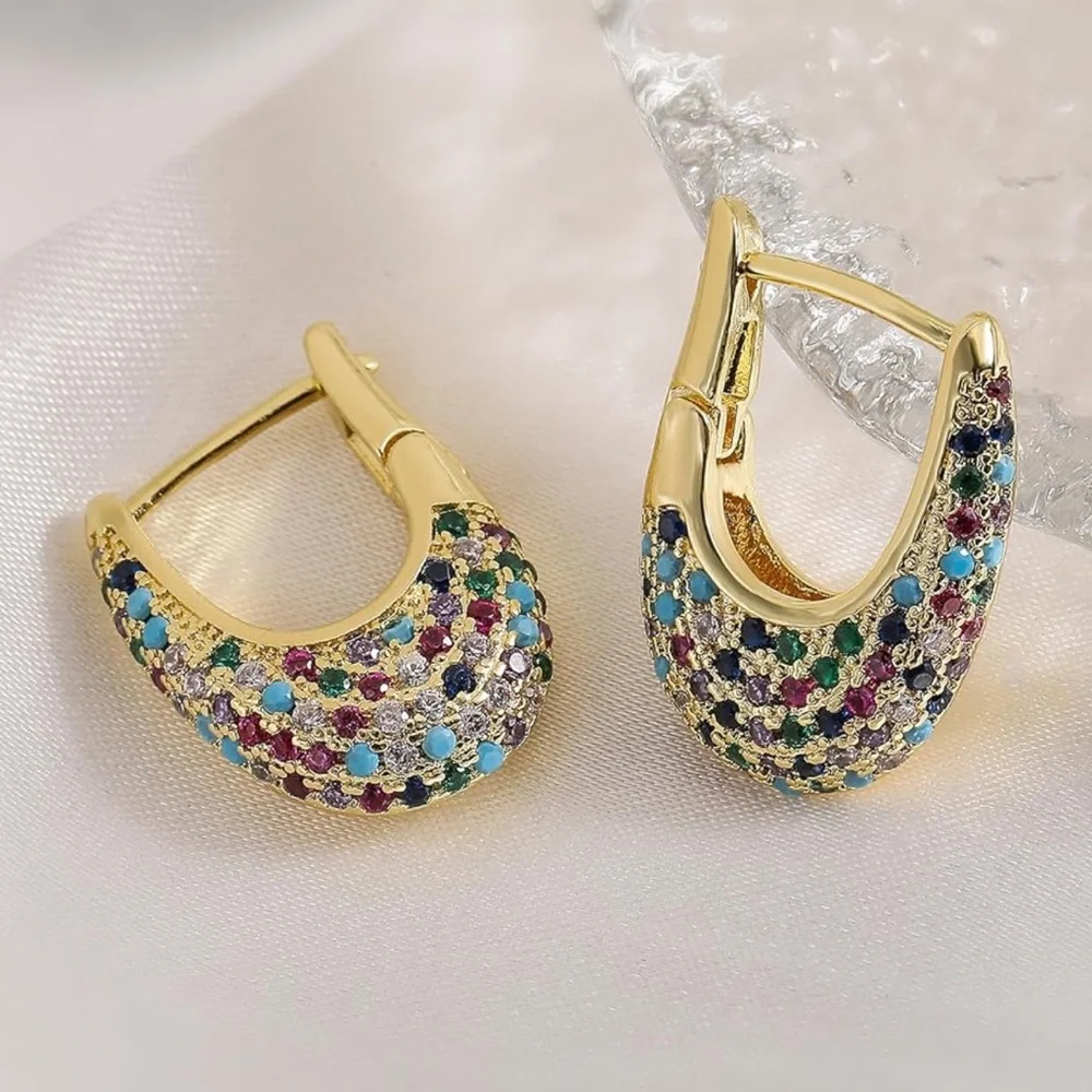 NEW 18K Gold Plated Cubic Zirconia Elegant Multicolor Gold Hoop Earrings - Picture 4 of 4